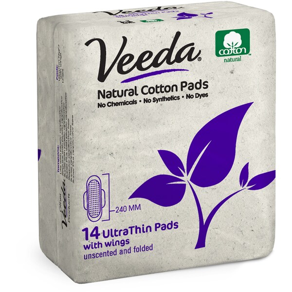 Veeda Natural Cotton Pads Thin With Wings 14 pack