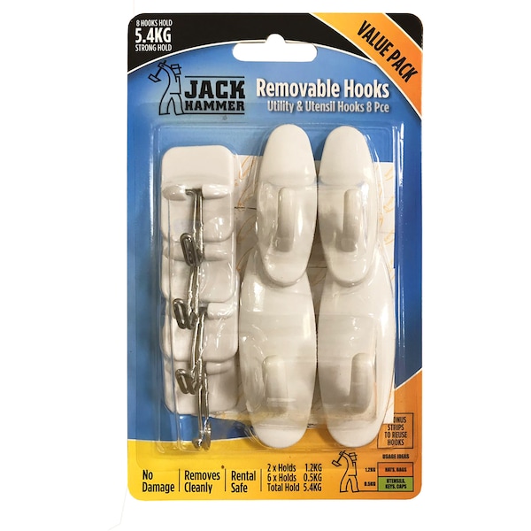 Jack Hammer Removable Hooks Utility & Utensil Hooks 8 pack