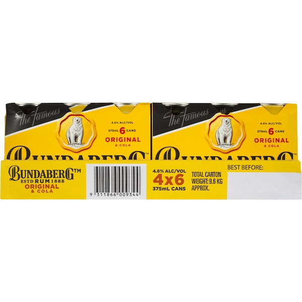 Bundaberg Rum & Cola Cans 375mL x 24 case