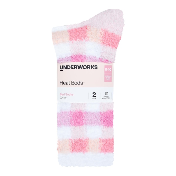 Underworks Womens Heat Bods Bed Crew Socks Plaid 5-10 2 pack