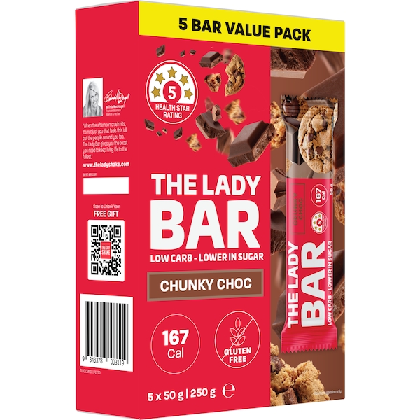 The Lady Bar Diet High Protein Low Sugar Chunky Choc High Fibre Value 50g x 5 pack