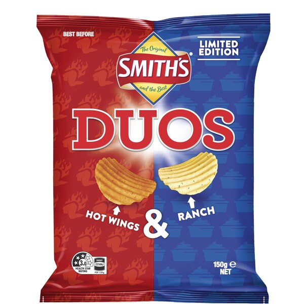 Smith's Duos Crinkle Cut Potato Chips Hot Wings & Ranch 150g