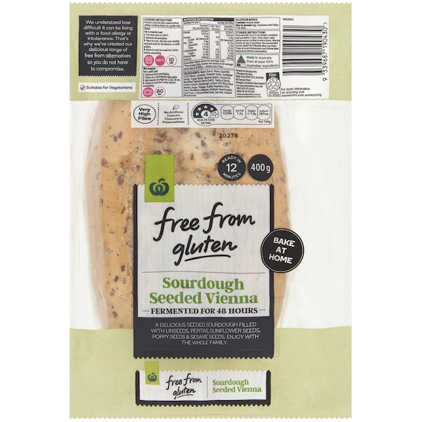 Woolworths Free From Gluten Sourdough Seeded Vienna 400g