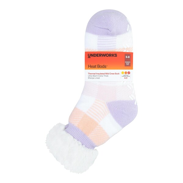 Underworks Womens Heat Bods Thermal Mid Crew Sock Check 5-8 each