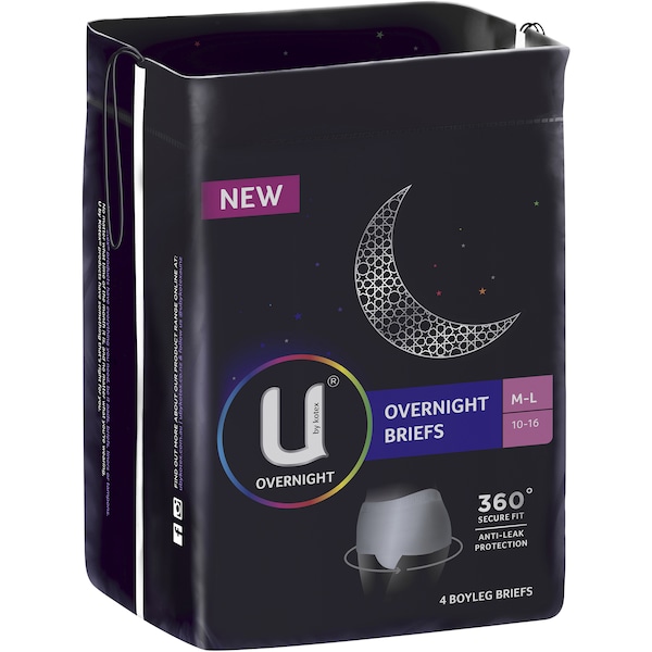 U by Kotex Overnight Briefs Boyleg Medium - Large 4 pack