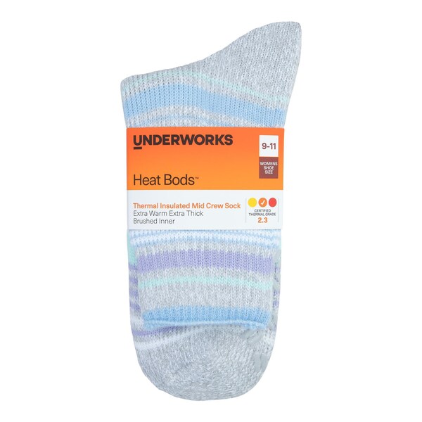 Underworks Womens Heat Bods Thermal Mid Crew Sock Blue 9-11 each