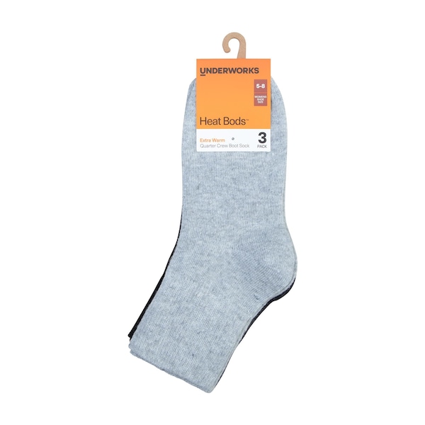 Underworks Womens Heat Bods Crew Boot Socks Grey 5-8 3 pack
