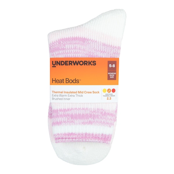 Underworks Womens Heat Bods Thermal Mid Crew Socks Pink 5-8 each