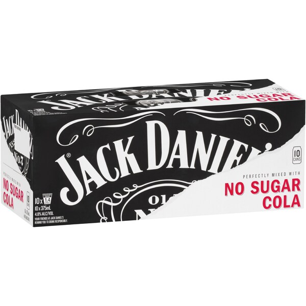 Jack Daniel's Whiskey & No Sugar Cola Cans 375ml x10 Pack