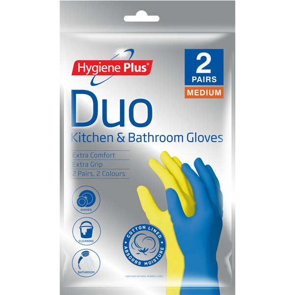 Hygiene Plus Duo Kitchen & Bathroom Gloves Medium 2 Pack
