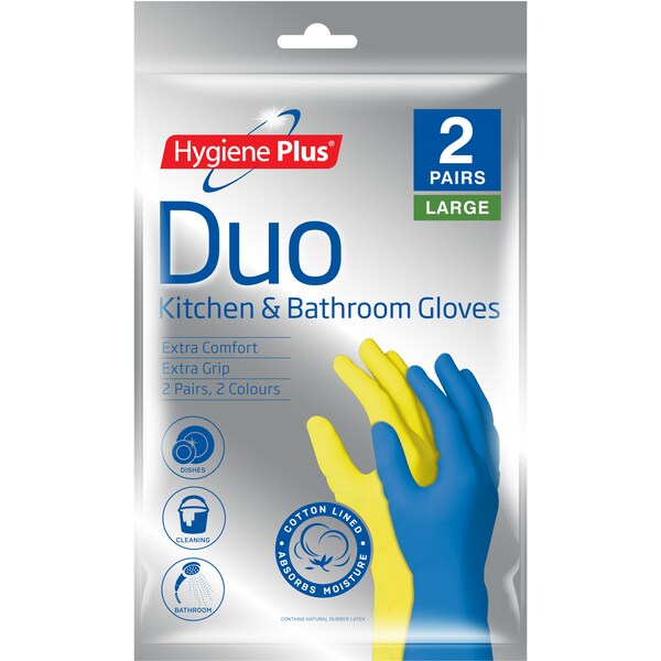 Hygiene Plus Duo Kitchen & Bathroom Gloves Large 2 Pack