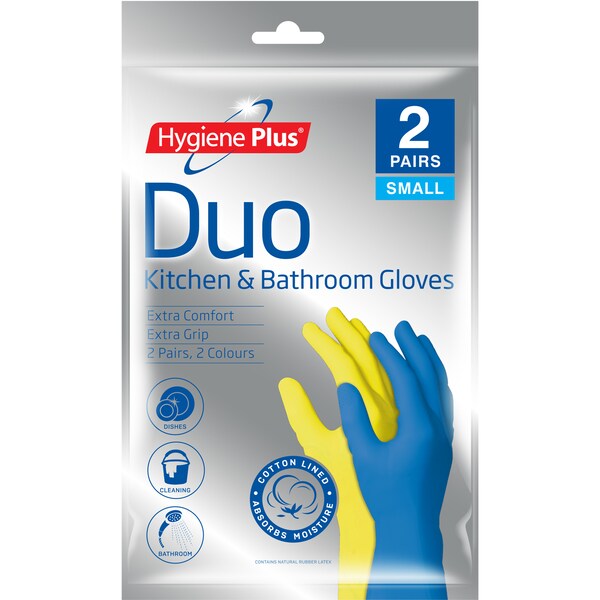 Hygiene Plus Duo Kitchen & Bathroom Gloves Small 2 Pack