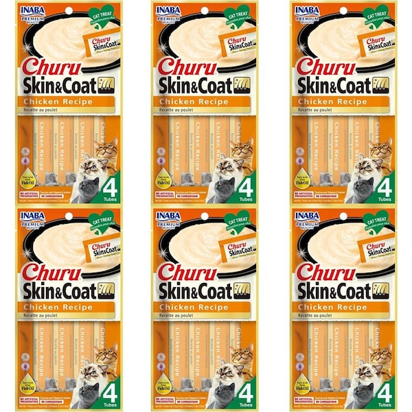 Inaba Churu Puree Skin & Coat Chicken Recipe Cat/Kitten Pet Food 6PK