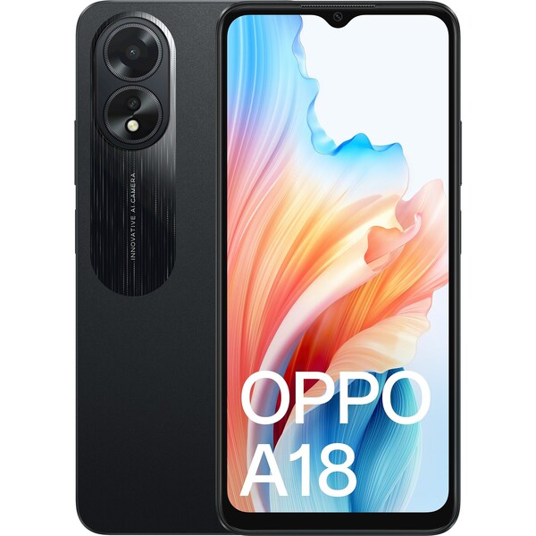 OPPO A18 128GB - Black, 6.56", HD+, 90Hz, 4GB/128GB, 8MP/5MP, Dual SIM, 5000mAh,2YR