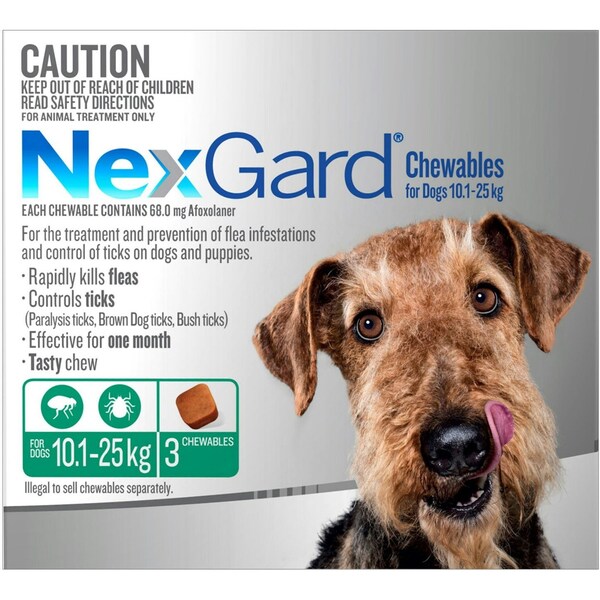 Nexgard Chewables for Dogs 10.1 to 25kg (Green) 6 Chews