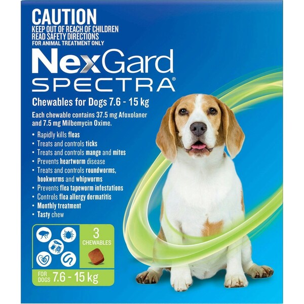 Nexgard Spectra Chewables for Medium Dogs 7.6 to 15kg (Green) 3 Chews