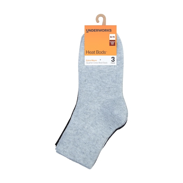 Underworks Womens Heat Bods Crew Boot Socks Grey 9-11 3 pack