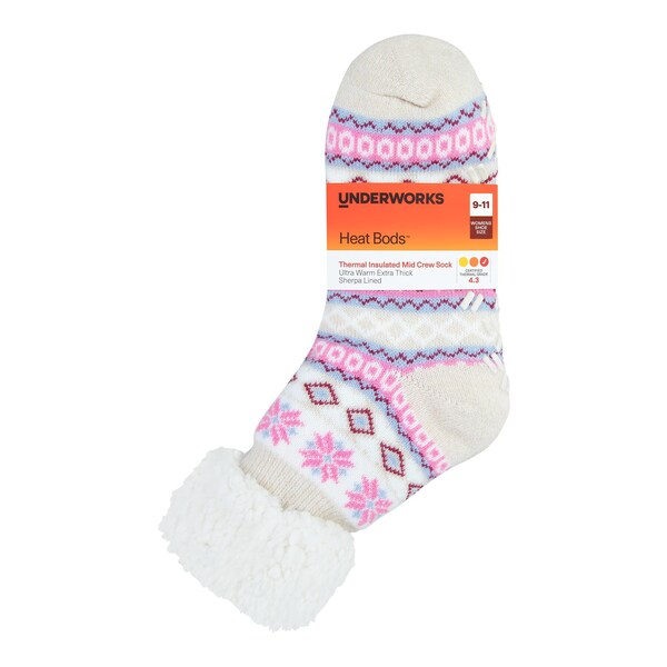 Underworks Womens Heat Bods Sherpa Mid Crew Socks 9-11 each