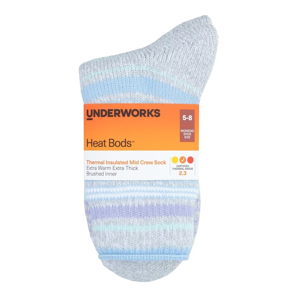 Underworks Womens Heat Bods Thermal Mid Crew Socks Blue 5-8 each
