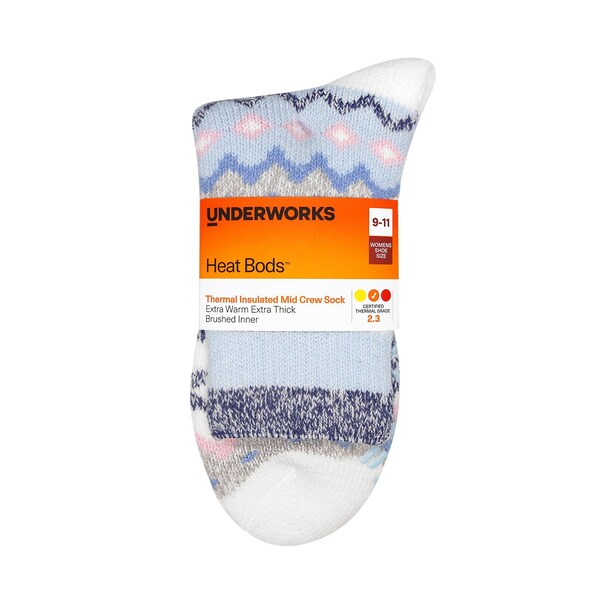 Underworks Womens Heat Bods Thermal Mid Crew Socks Snowflake 9-11 each