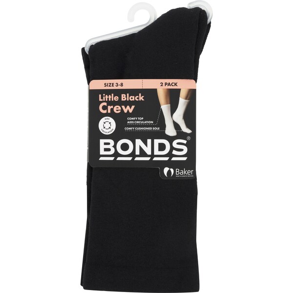 Bonds Ladies Little Black Crew Socks Size 8-11 2 Pack