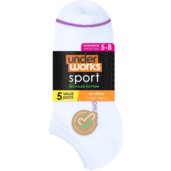 Underworks Ladies No Show Cushion Socks White Assorted 5 Pack