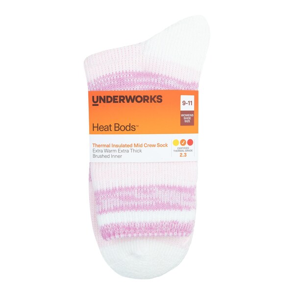 Underworks Womens Heat Bods Thermal Mid Crew Socks Pink 9-11 each