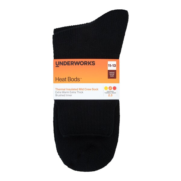 Underworks Mens Heat Bods Thermal Mid Crew Socks Black 11-13 each