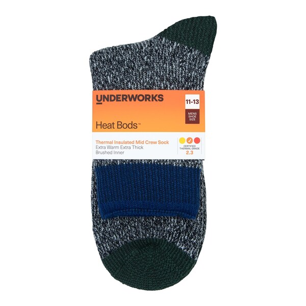 Underworks Mens Heat Bods Thermal Mid Crew Socks 11-13 each