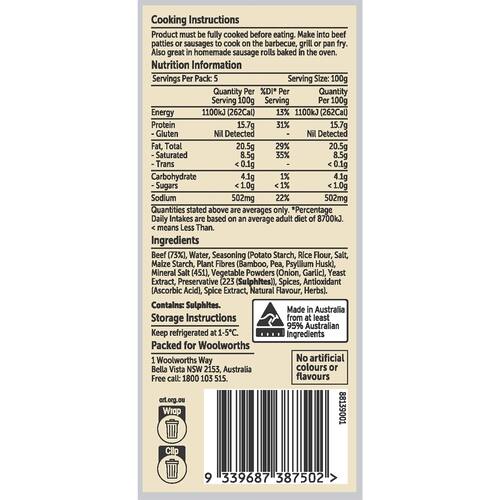 Woolworths Aussie Beef Gluten Free Sausage Mince 500g bunch