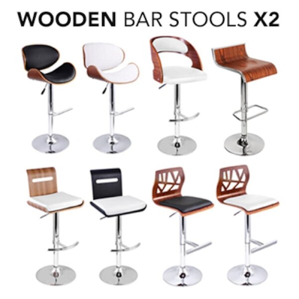 2x Designer Gas Lift Wooden Bar Stools in 8 Styles  Lara / White