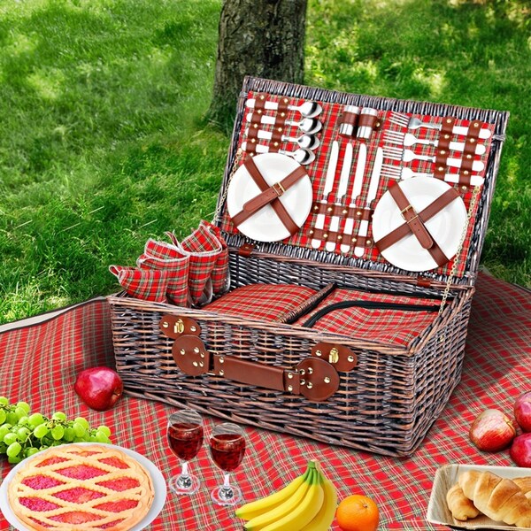 4 Person Alfresco Picnic Basket Wicker Picnic Set Outdoor Insulated Blanket
