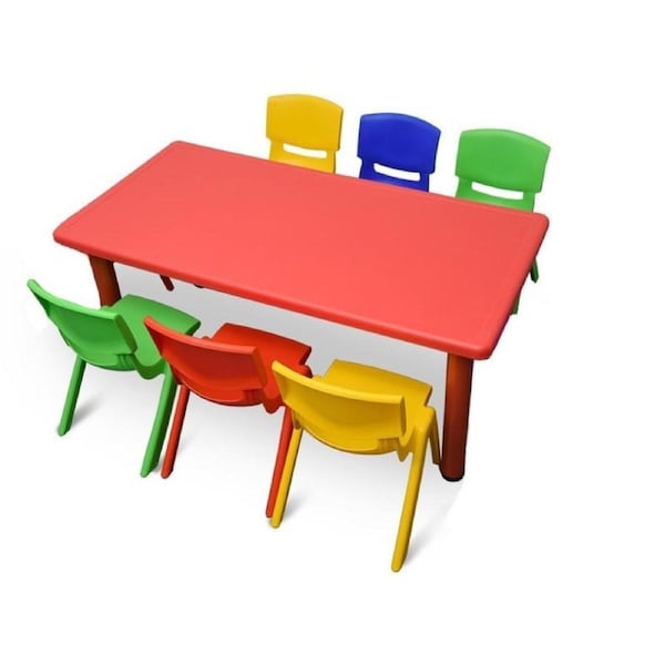 Adjustable Large Red Kid's Table with 6 Mixed Chairs
