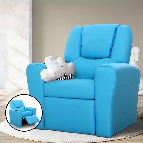 1X Keezi Kids Recliner Chair Blue PU Leather Sofa Lounge Couch Children Armchair