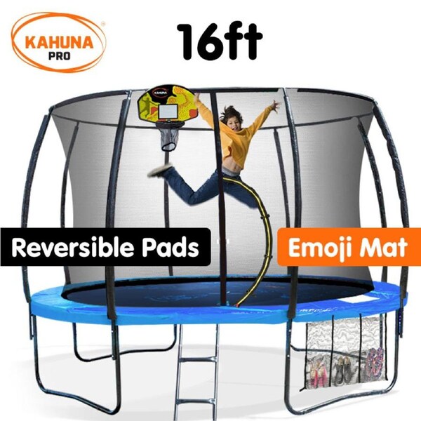 Kahuna Trampoline Pro 16ft - Reversible pad, Emoji Mat, Basketball Set