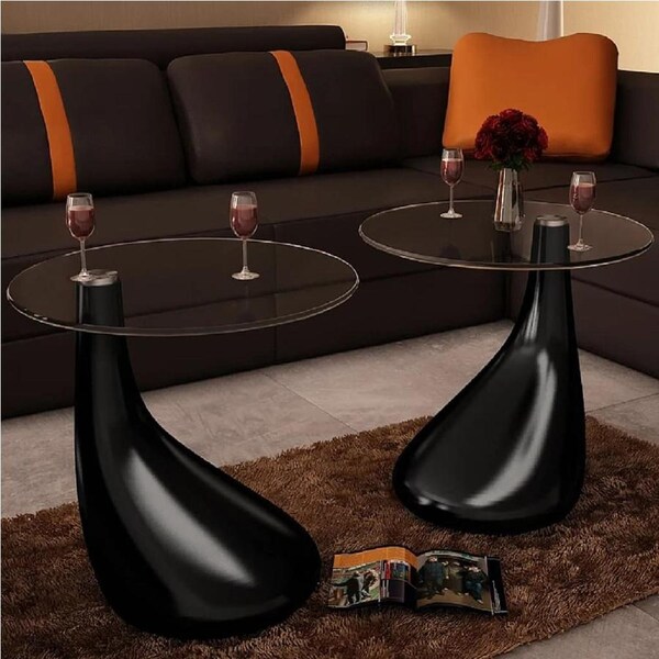 Coffee Table 2 pcs with Round Glass Top High Gloss Black vidaXL