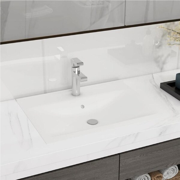 Luxury Ceramic Basin Rectangular Sink White with Faucet Hole vidaXL