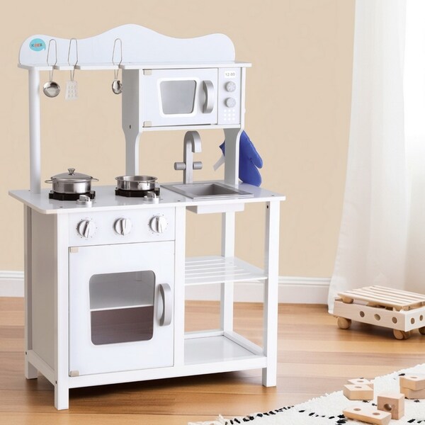 1X Keezi Kids Kitchen Wooden Pretend Play Set Toy Children Cooking Cookware White