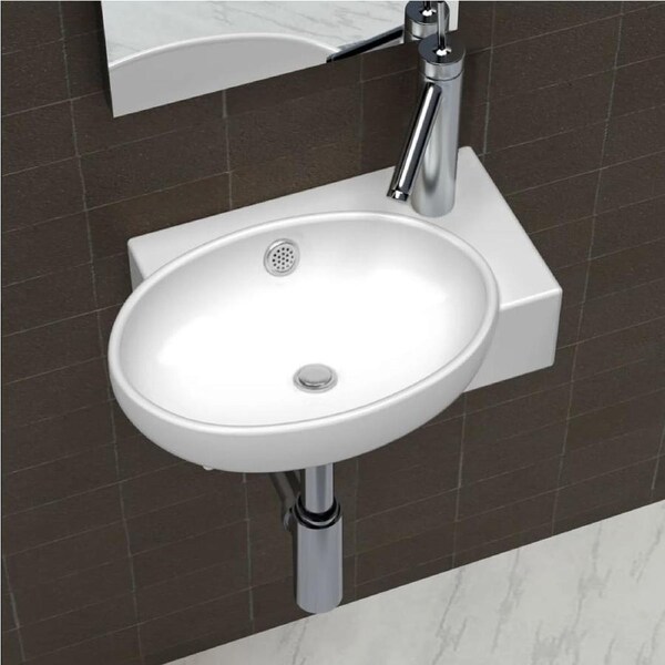 Ceramic Sink Basin Faucet & Overflow Hole Bathroom White vidaXL