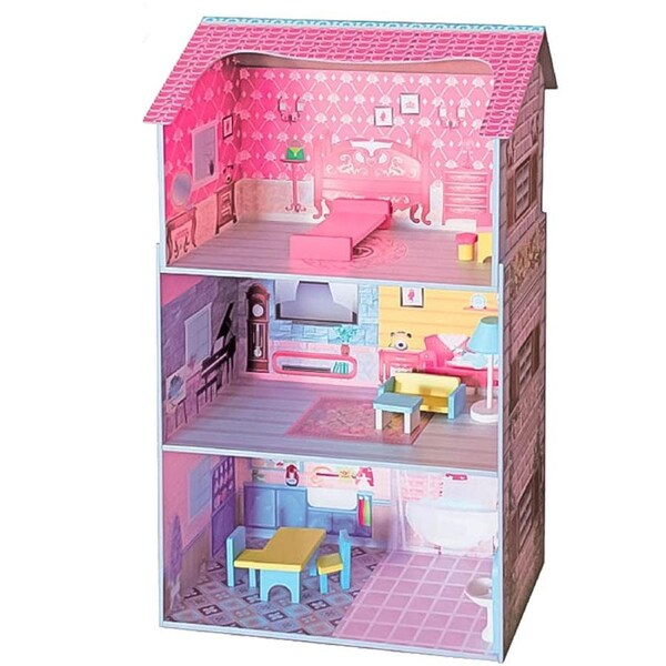 Large Wooden Dolls Doll House 3 Level Kids Pretend Play Toys Full Furniture