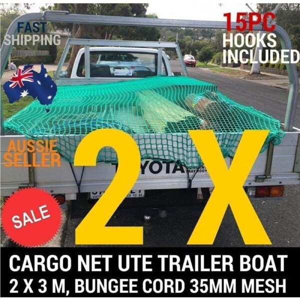 2x Cargo Nets w/ 15x hooks in 35mm Square Mesh 2x3m