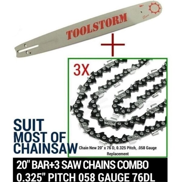 3x Chainsaw Chains with 20in Bar 0.058in Gauge 76DL