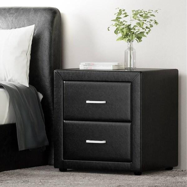 Artiss Bedside Table 2 Drawers Leather CADEN Black