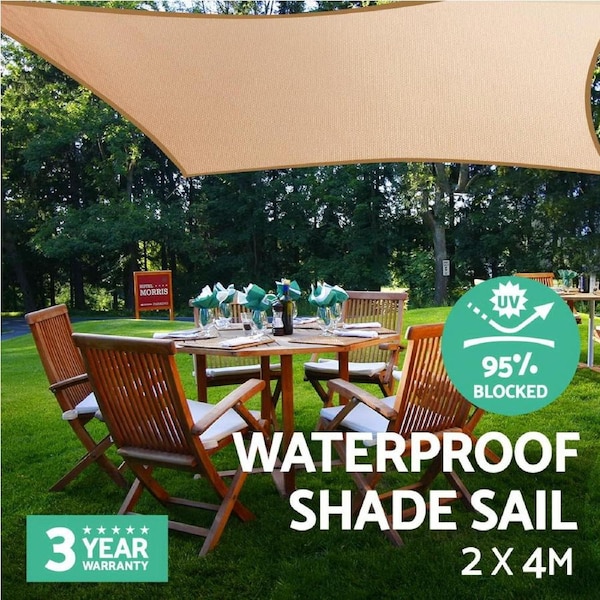 InstaHut Waterproof Shade Sail 2x4m Rectangle Sand 95% Shade Cloth