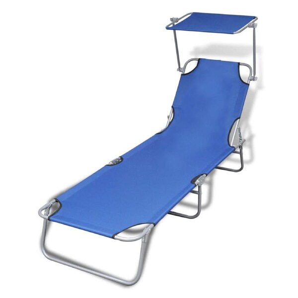 Folding Sun Lounger with Canopy Steel and Fabric Blue vidaXL