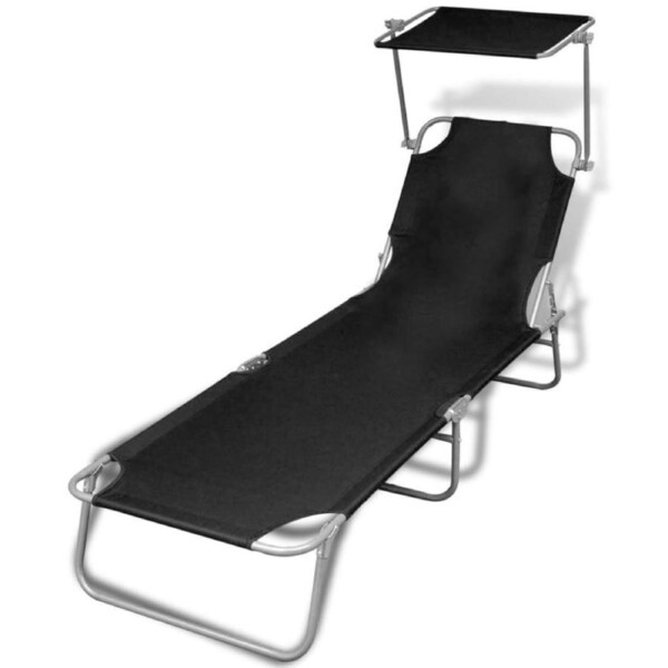 Folding Sun Lounger with Canopy Steel and Fabric Black vidaXL