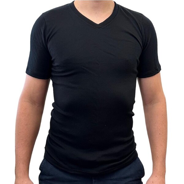 Mens 100% Pure Merino Wool V-Neck Short Sleeve Top T Shirt Thermal Underwear Black / Small (90cm)