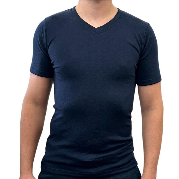 Mens 100% Pure Merino Wool V-Neck Short Sleeve Top T Shirt Thermal Underwear Navy / Small (90cm)