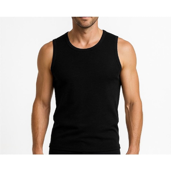 Mens 100% Pure Merino Wool Sleeveless Athletic SINGLET Top Thermal Underwear Black / X-Small (85cm)