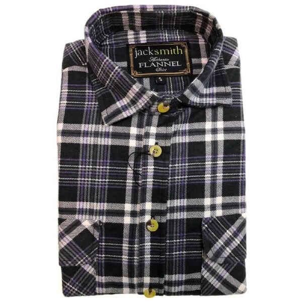 Mens Half Placket Flannelette Long Sleeve Pullover Shirt 100% Cotton Check Authentic Flannel Black/Purple / S